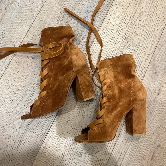 Gianvito Rossi Brooklyn Lace-Front Peep-Toe Suede Ankle Boot in size 37 - Picture 7 of 14